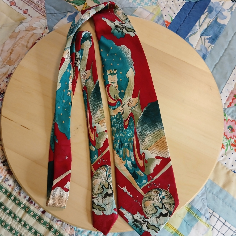 Vintage Deep Red and Teal Artistic Silk Italian Tie
